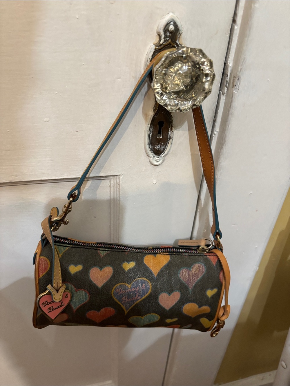 Mini Cylinder Wristlet with Multicolor Hearts in Brown